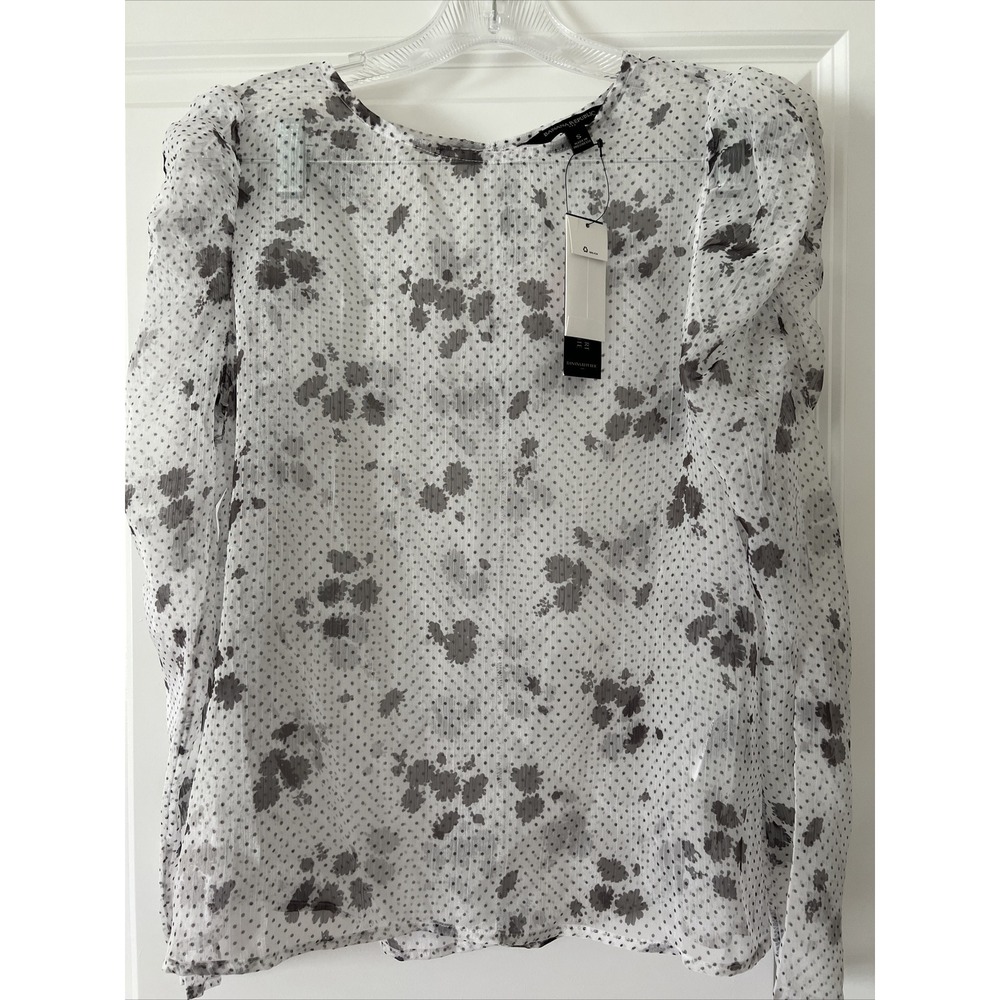 Banana Republic Blouse Size S Long Ruched Sleeve See Thur Black White Floral - Picture 2 of 10